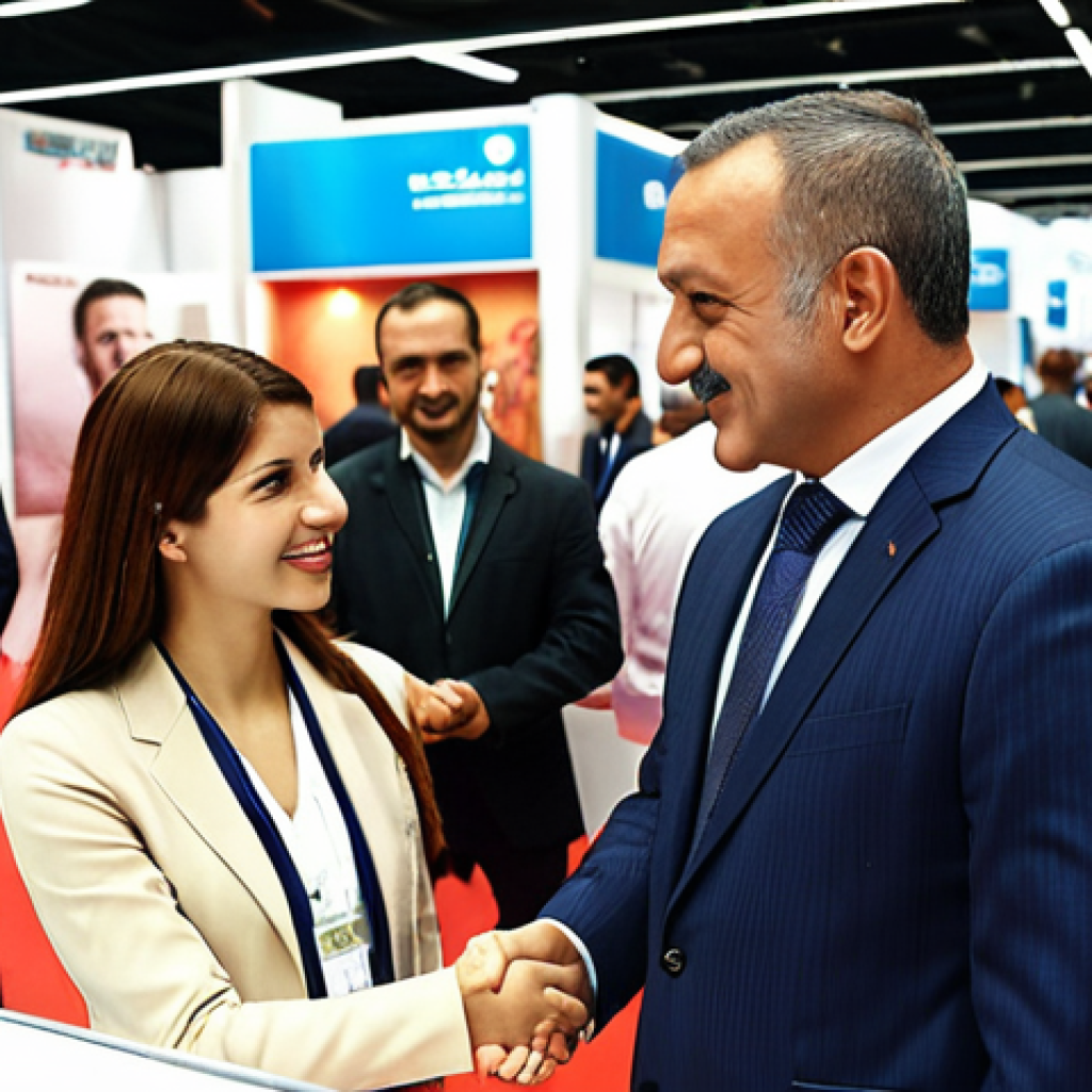 **Professional Introduction at a Trade Fair:** *A confident Turkish businessman in a modern suit shaking hands with a potential international partner at a bustling Istanbul trade fair. The businessman is handing over a business card. Focus on the positive body language and professional attire. The background should be filled with various booths and people, indicative of a global trade event.*