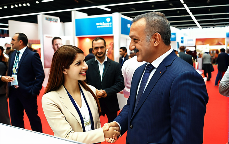 **Professional Introduction at a Trade Fair:** *A confident Turkish businessman in a modern suit shaking hands with a potential international partner at a bustling Istanbul trade fair. The businessman is handing over a business card. Focus on the positive body language and professional attire. The background should be filled with various booths and people, indicative of a global trade event.*