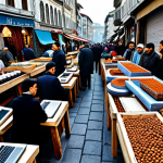 **

A bustling marketplace scene in Istanbul, featuring vendors selling handcrafted ceramics online via laptops and tablets. The scene highlights the rise of e-export for small businesses. Include traditional Turkish motifs and modern technology. Everyone is fully clothed in appropriate attire, safe for work, professional, perfect anatomy, natural proportions, high quality.

**