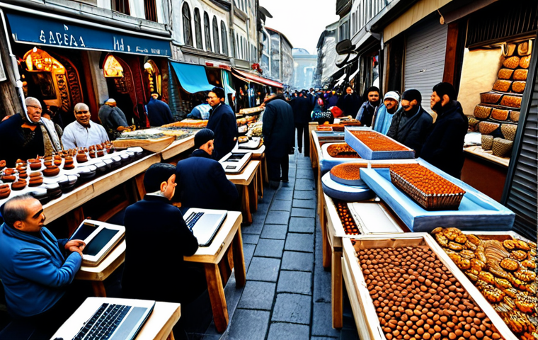 **
A bustling marketplace scene in Istanbul, featuring vendors selling handcrafted ceramics online via laptops and tablets. The scene highlights the rise of e-export for small businesses. Include traditional Turkish motifs and modern technology. Everyone is fully clothed in appropriate attire, safe for work, professional, perfect anatomy, natural proportions, high quality.
**