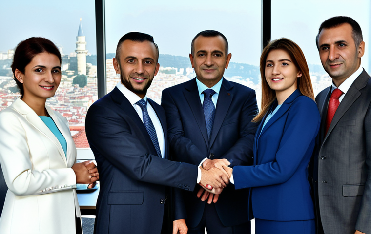 International Trade Meeting**
"A diverse group of business professionals in a modern Istanbul office, collaborating on a trade deal. Focus on the clothing: modest business suits, professional dresses. Background: cityscape view of Istanbul. Style: professional photography, perfect anatomy, natural proportions, well-formed hands, proper finger count, safe for work, appropriate content, fully clothed, professional."
**