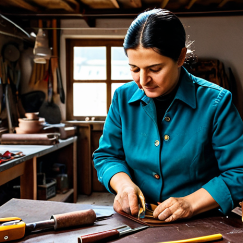 Home 22 **
A skilled artisan in a brightly lit workshop, meticulously crafting a detailed leather handbag. She is fully clothed in practical work attire, demonstrating traditional Turkish craftsmanship. Tools and materials are neatly arranged around her. Safe for work, appropriate content, professional, perfect anatomy, natural lighting.
**