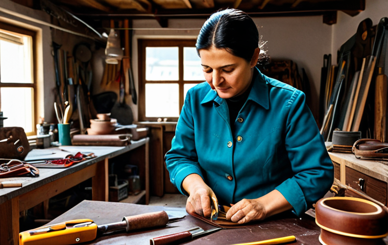 **
A skilled artisan in a brightly lit workshop, meticulously crafting a detailed leather handbag. She is fully clothed in practical work attire, demonstrating traditional Turkish craftsmanship. Tools and materials are neatly arranged around her. Safe for work, appropriate content, professional, perfect anatomy, natural lighting.
**