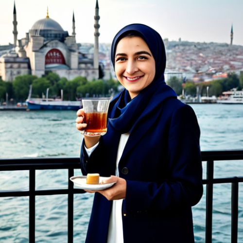 Home 8 무역업계에서의 워라밸 유지 - Serene Tea Break in Istanbul**
"A professional woman in modest, stylish business attire, taking a p...