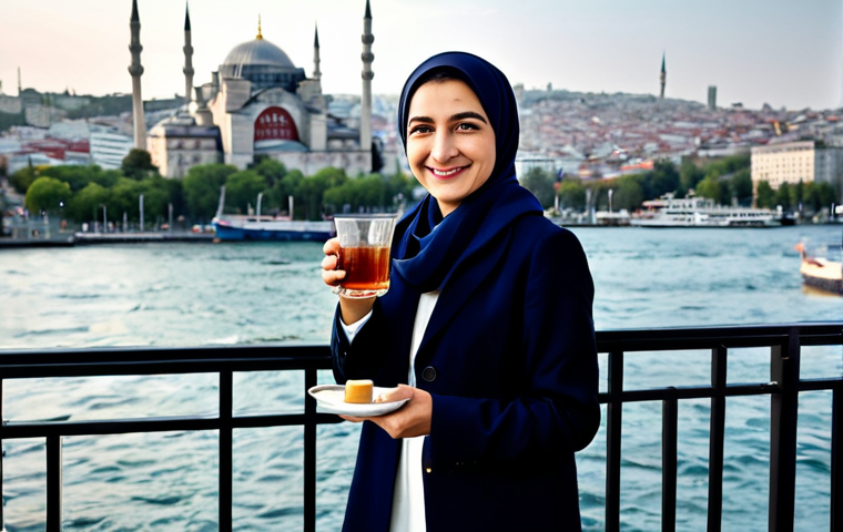 무역업계에서의 워라밸 유지 - Serene Tea Break in Istanbul**
"A professional woman in modest, stylish business attire, taking a p...