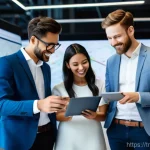 무역학과 전공 필수 과목 정리 - **Prompt:** A diverse group of young, tech-savvy professionals, dressed in smart-casual business att...