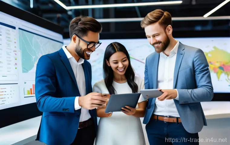 무역학과 전공 필수 과목 정리 - **Prompt:** A diverse group of young, tech-savvy professionals, dressed in smart-casual business att...