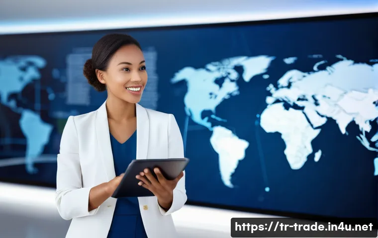 국제무역사 시험 준비 과정 리뷰 - **Prompt:** A confident, well-dressed female international trade expert in a modern, brightly lit of...