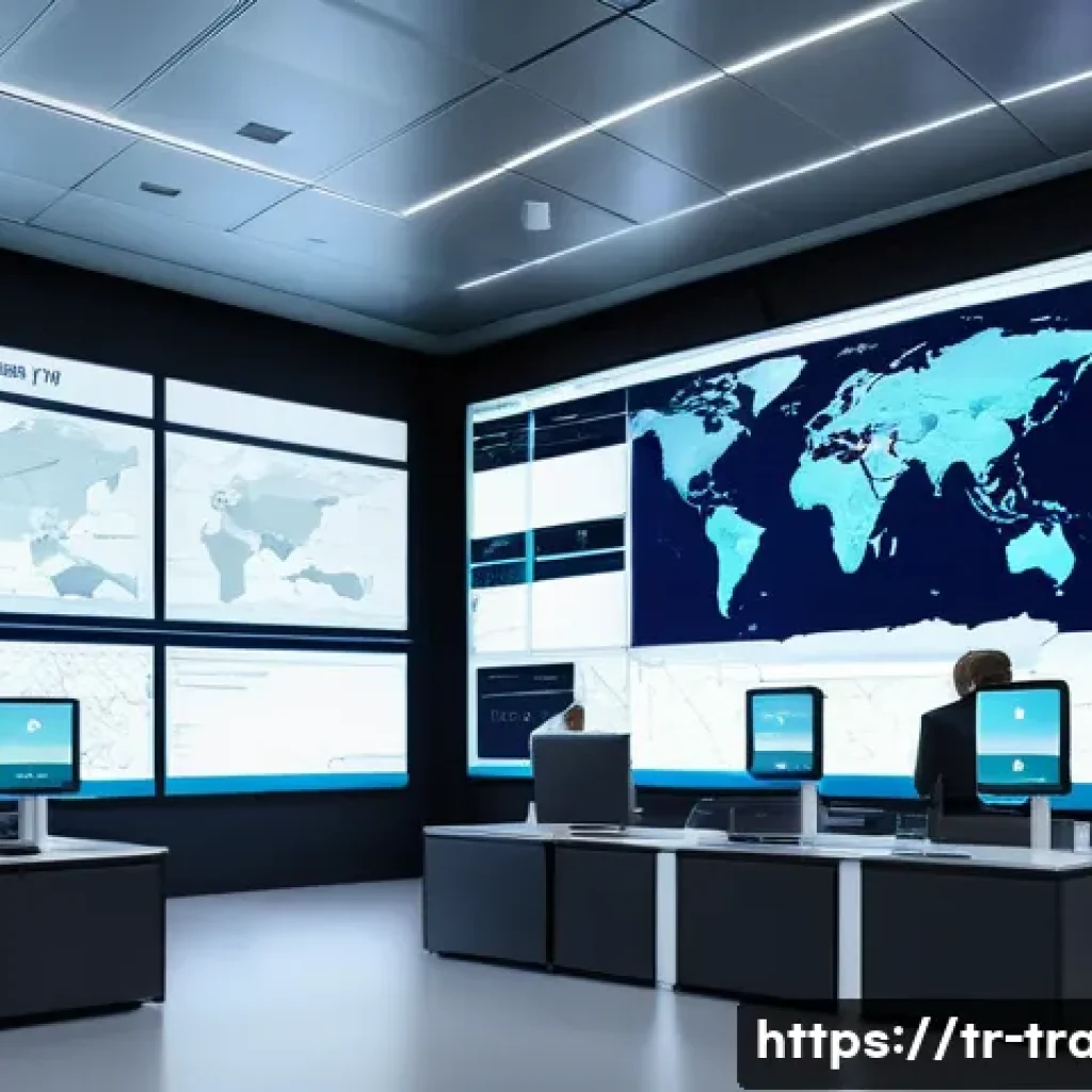 무역 실무에서 자주 쓰이는 프로그램 - A highly detailed digital logistics control room scene showcasing a large interactive map of interna...