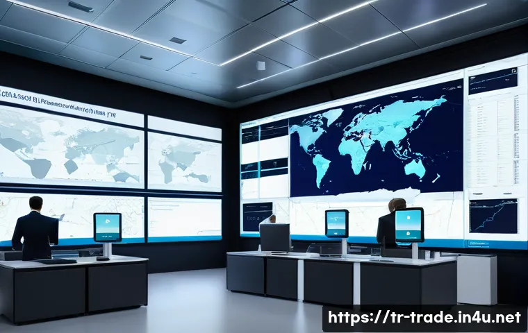 무역 실무에서 자주 쓰이는 프로그램 - A highly detailed digital logistics control room scene showcasing a large interactive map of interna...