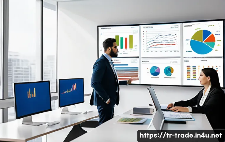 무역 실무에서의 보고서 작성법 - A detailed professional office scene showing a diverse team of business analysts collaborating on in...