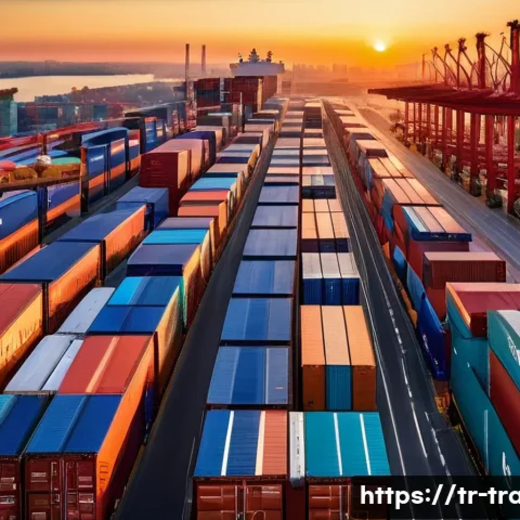 무역 실무와 글로벌 비즈니스의 차이 - A detailed scene of an international logistics hub at sunset in Istanbul, showing diverse workers ma...