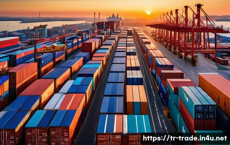 무역 실무와 글로벌 비즈니스의 차이 - A detailed scene of an international logistics hub at sunset in Istanbul, showing diverse workers ma...