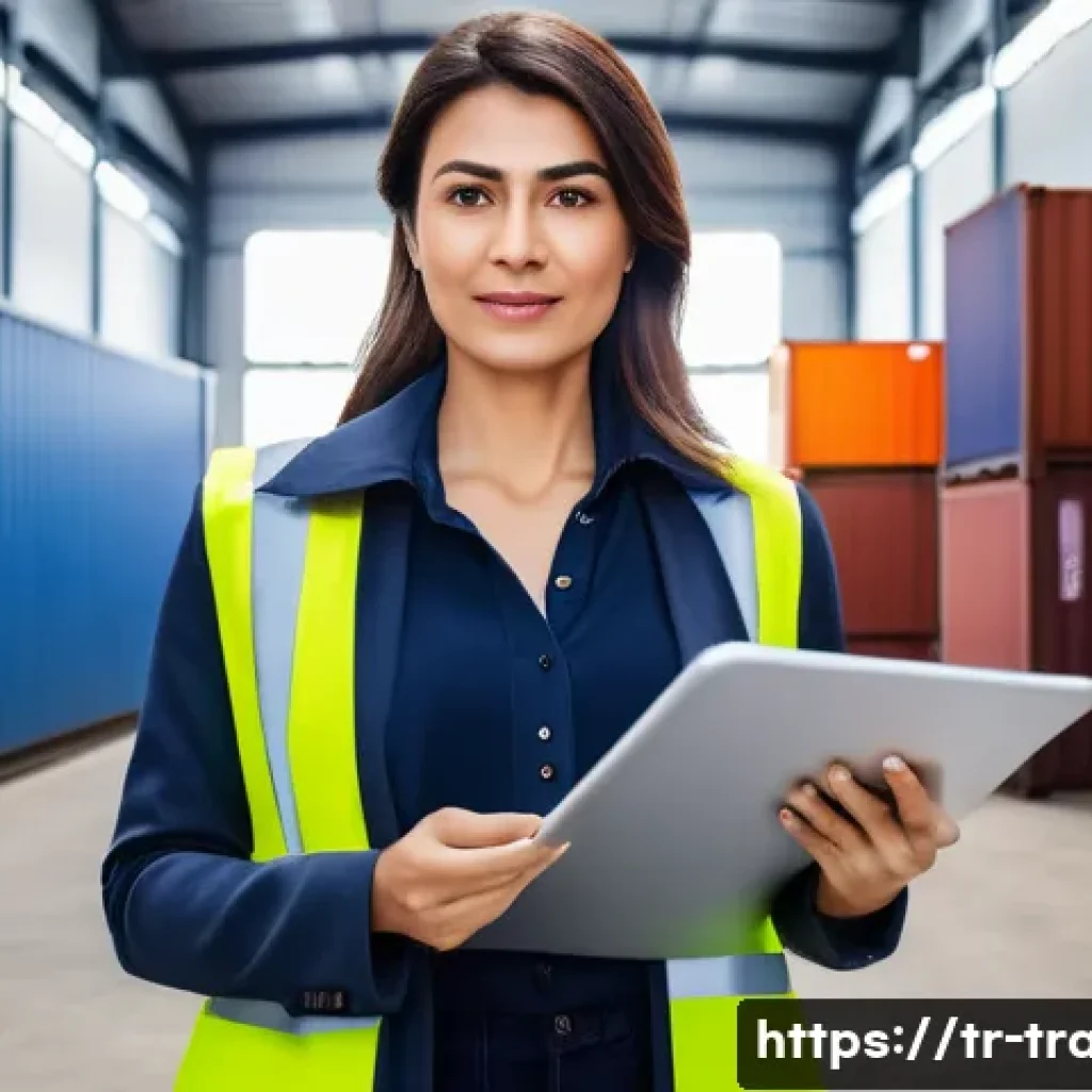 국제무역사 자격증으로 할 수 있는 일 - A professional Turkish businesswoman in smart casual attire standing confidently inside a modern log...