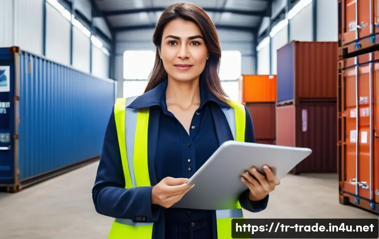 국제무역사 자격증으로 할 수 있는 일 - A professional Turkish businesswoman in smart casual attire standing confidently inside a modern log...