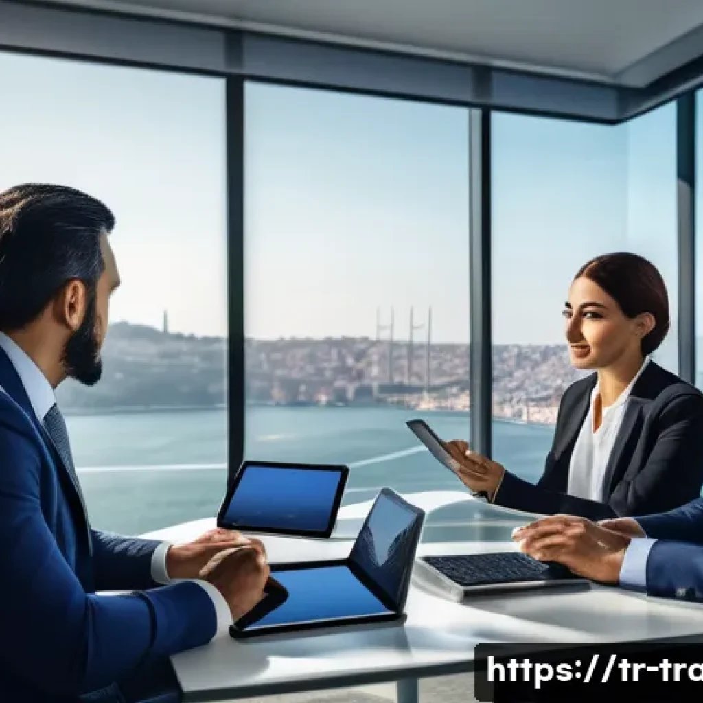 무역 실무의 중급 학습법 - A professional international business meeting scene set in a modern office in Istanbul, Turkey, feat...