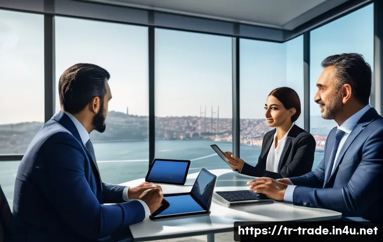 무역 실무의 중급 학습법 - A professional international business meeting scene set in a modern office in Istanbul, Turkey, feat...