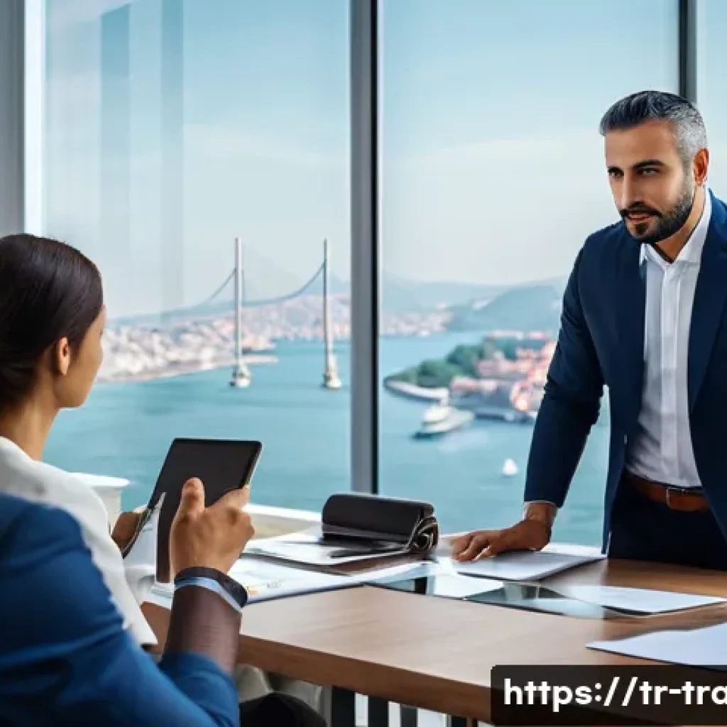 무역 영어 준비 방법 - A professional international business meeting scene set in a modern office in Istanbul, Turkey. Dive...