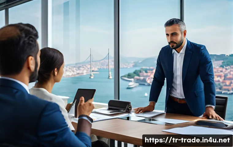 무역 영어 준비 방법 - A professional international business meeting scene set in a modern office in Istanbul, Turkey. Dive...