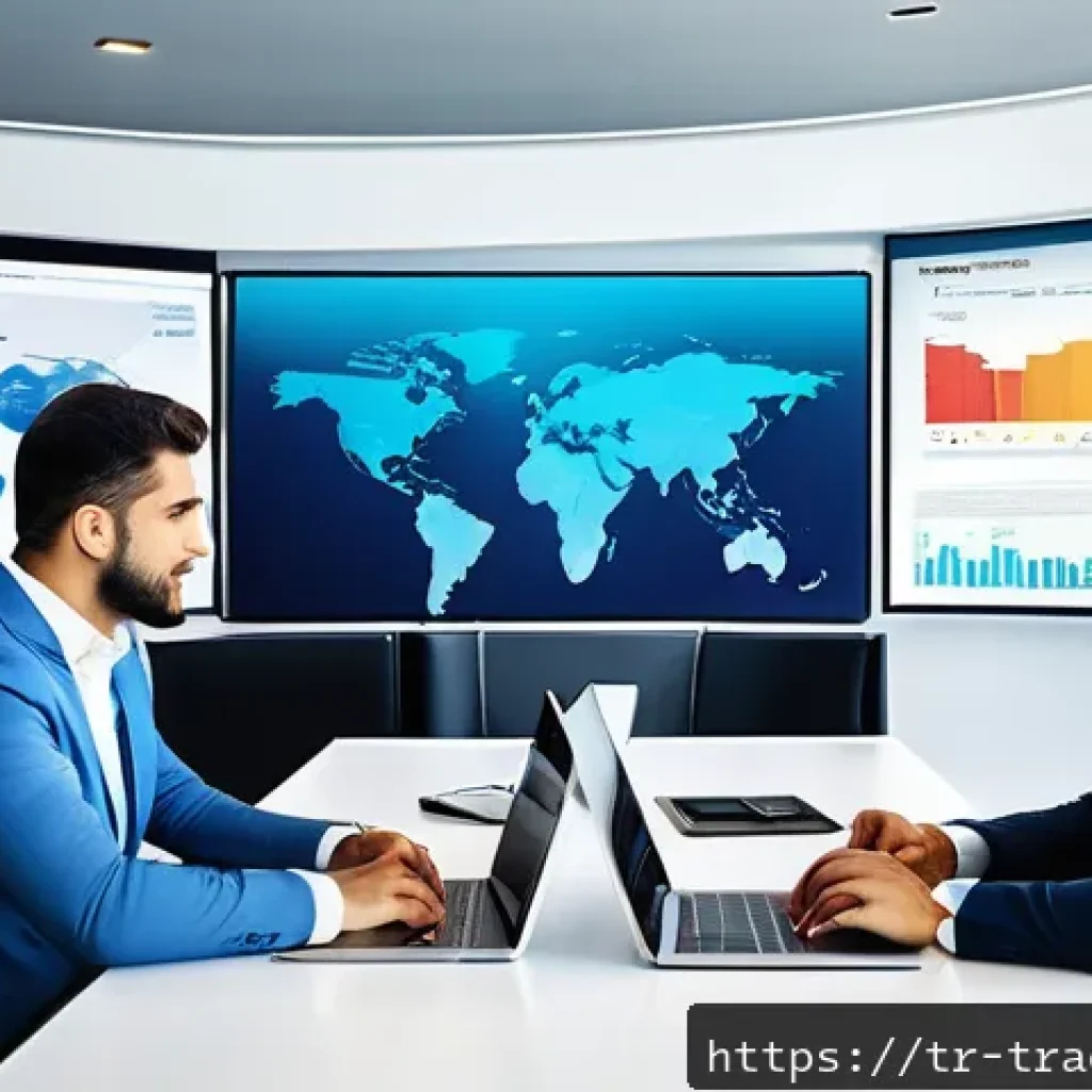 무역업 실무에서의 주요 사례 - A vibrant office scene showing a diverse team of Turkish business professionals engaged in a strateg...