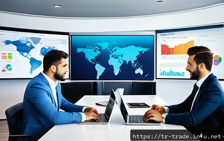 무역업 실무에서의 주요 사례 - A vibrant office scene showing a diverse team of Turkish business professionals engaged in a strateg...