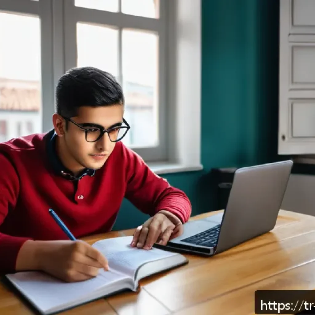 국제무역사 필기시험에서의 시간 관리 방법 - A focused young Turkish student sitting at a tidy wooden desk in a quiet room, surrounded by neatly ...