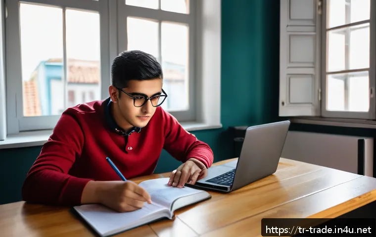 국제무역사 필기시험에서의 시간 관리 방법 - A focused young Turkish student sitting at a tidy wooden desk in a quiet room, surrounded by neatly ...