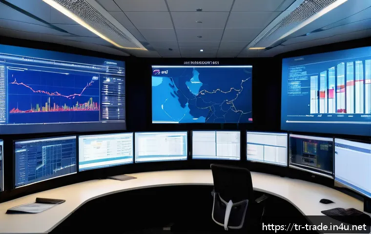 무역 실무를 위한 ERP 시스템 - A modern logistics control room in Istanbul with large digital screens showing real-time supply chai...