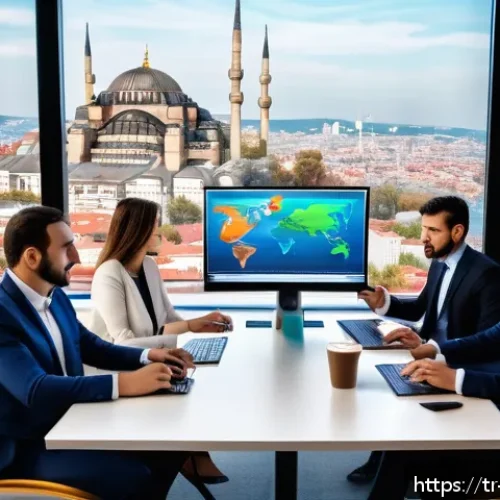Home 32 해외 진출을 위한 무역 전략 - A professional business meeting scene in a modern office overlooking Istanbul’s skyline, featuring d...