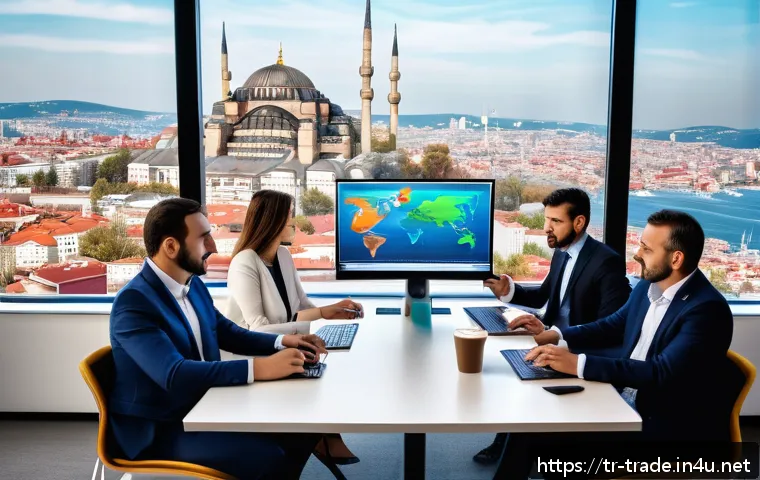 해외 진출을 위한 무역 전략 - A professional business meeting scene in a modern office overlooking Istanbul’s skyline, featuring d...