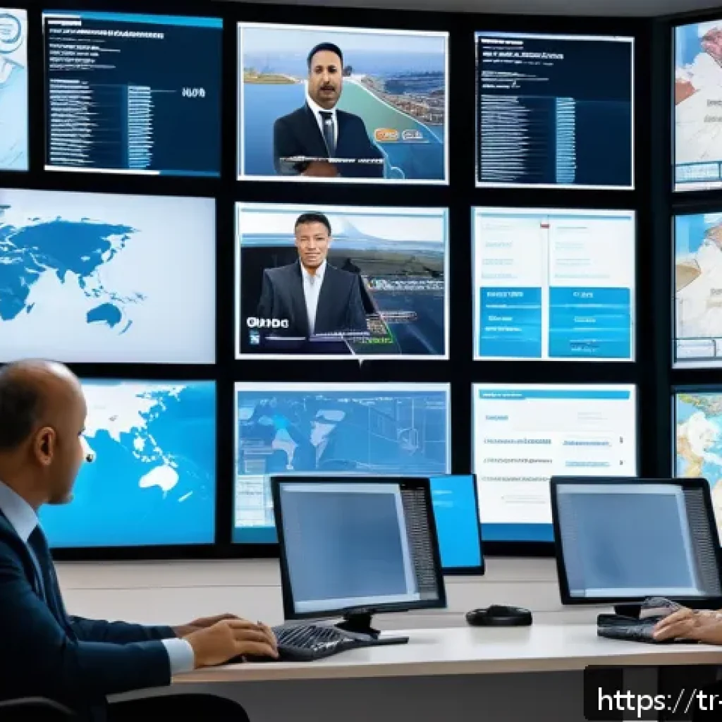 무역 실무의 문제 해결 능력 - A modern Turkish logistics control center showing diverse professionals—men and women wearing busine...