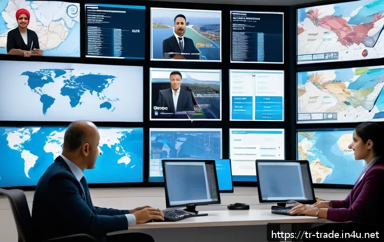 무역 실무의 문제 해결 능력 - A modern Turkish logistics control center showing diverse professionals&mdash;men and women wearing busine...