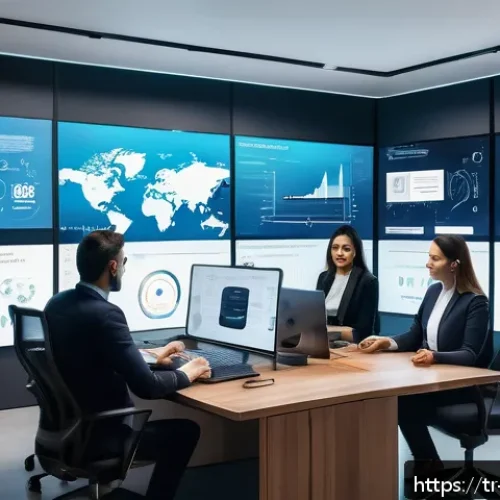 Home 30 무역업계 실습 프로그램 리뷰 - A modern international trade office scene showcasing a diverse team of professionals collaborating a...