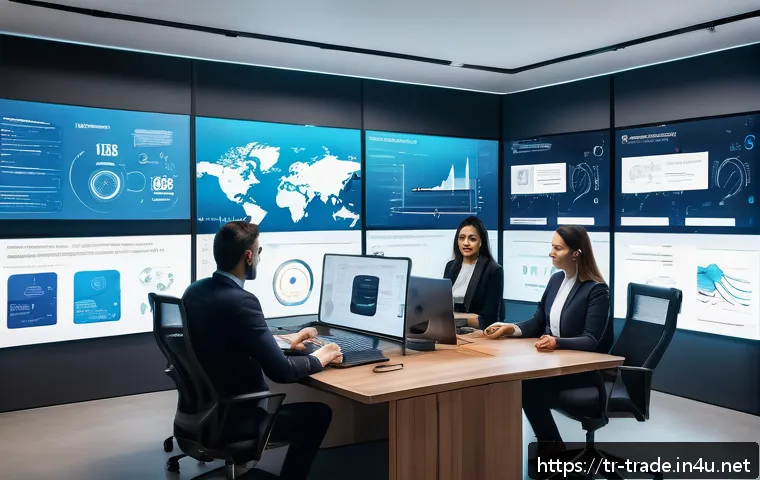무역업계 실습 프로그램 리뷰 - A modern international trade office scene showcasing a diverse team of professionals collaborating a...