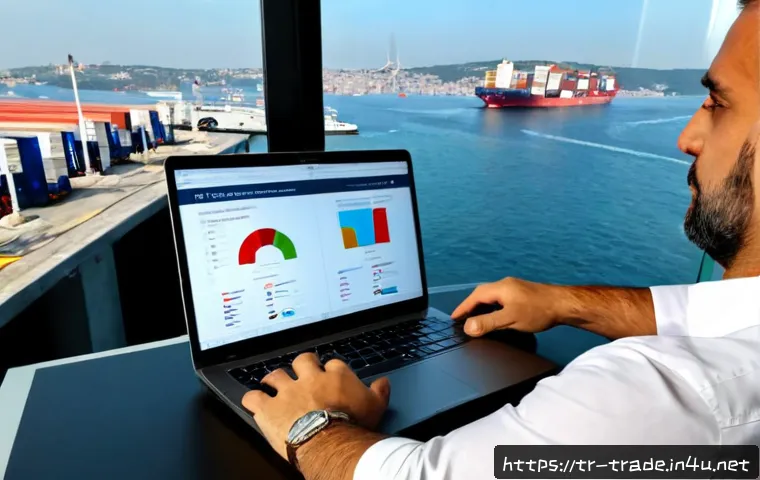 Home 17 무역 마케팅에서의 온라인 활용 - Photorealistic Turkish export manager in a modern Istanbul office reviewing international online mar...